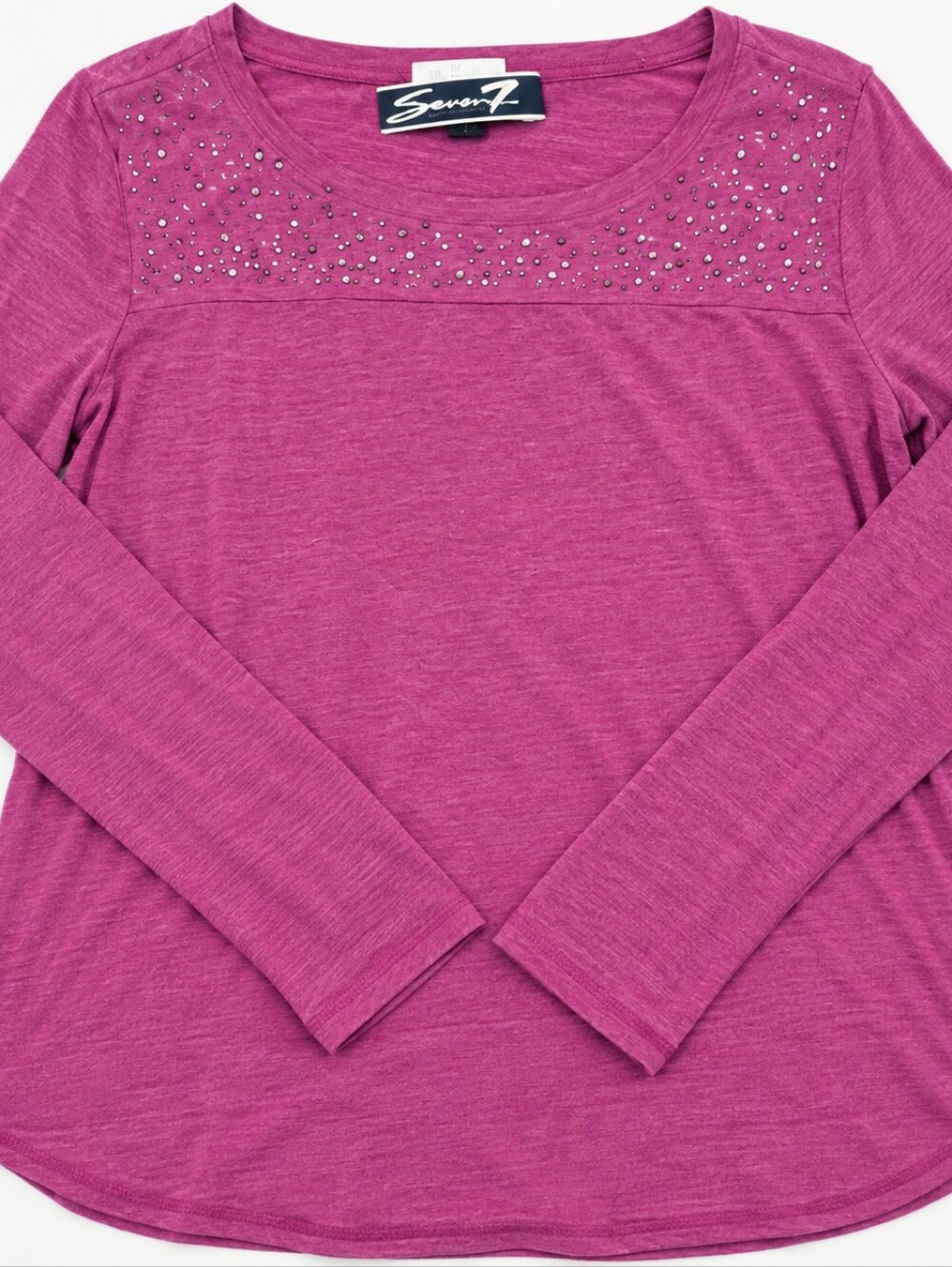 Seven7 Fuchsia Pink Rhinestone Studded Long Sleeve Top Casual Blouse